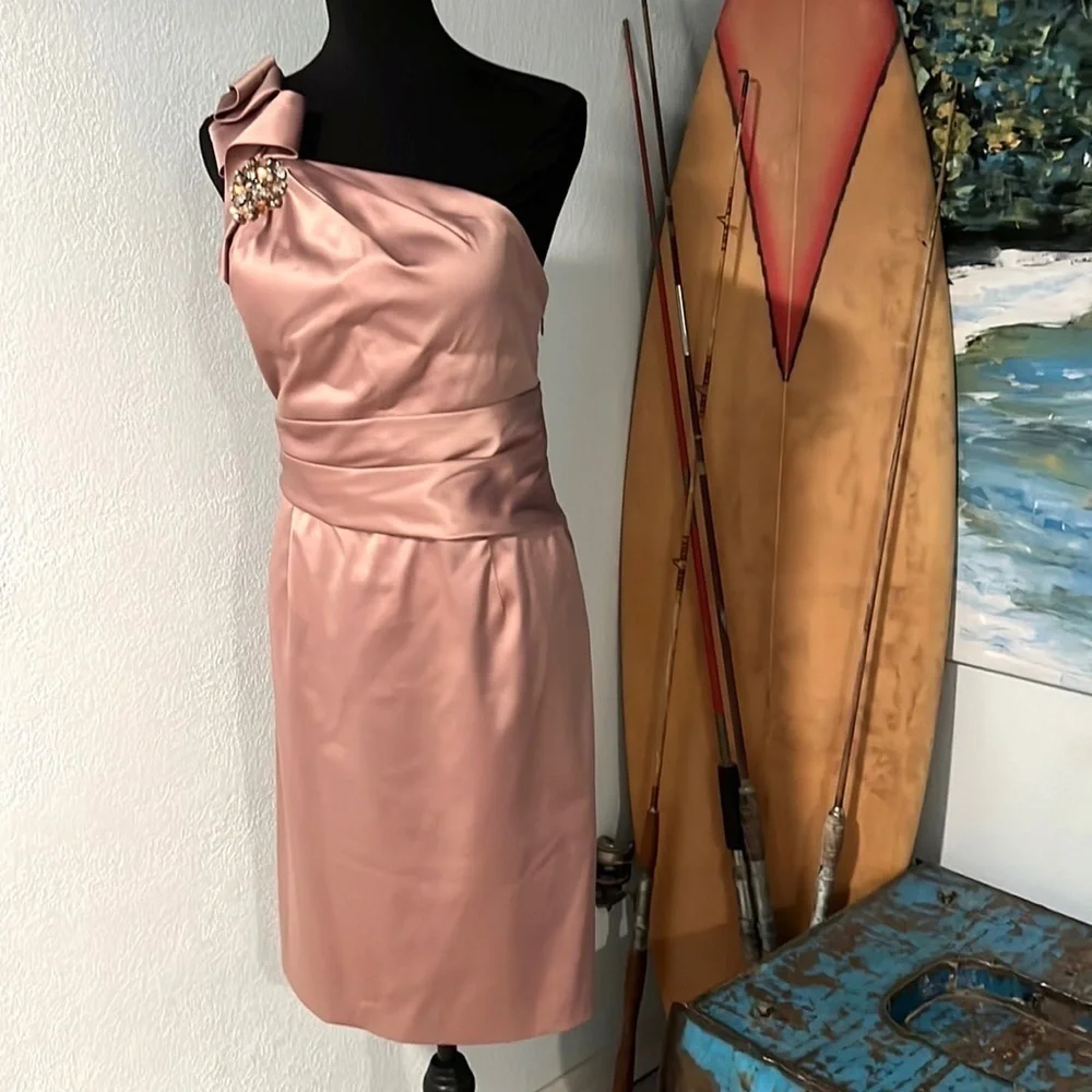 Cachet, Rose Gold Embellished One-Shoulder Dress, Side Zip, Ribboned Waist, 16